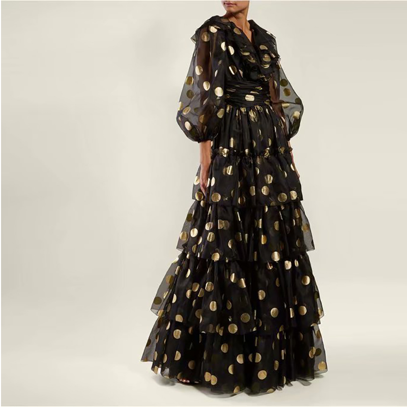 

New 3/4 Sleeve Golden Dots Organza Ruffle Full-length Long Dress Women' Dress 200314MM07, As pic