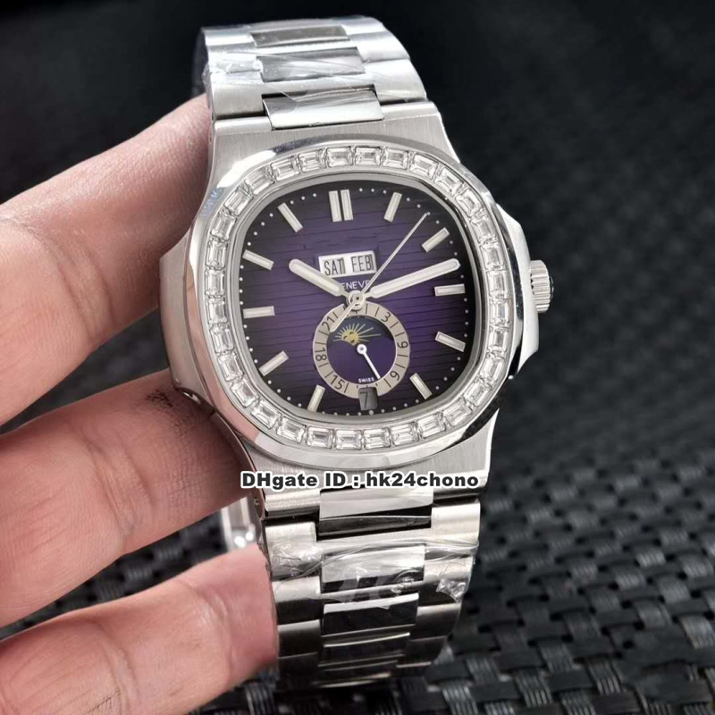 

6 Style Best Nautilus Baguette Diamond Moon Phas Automatic Mens Watch 5726/1 Diamonds Bezel Blue Dial Stainless Steel Strap Gents Watches