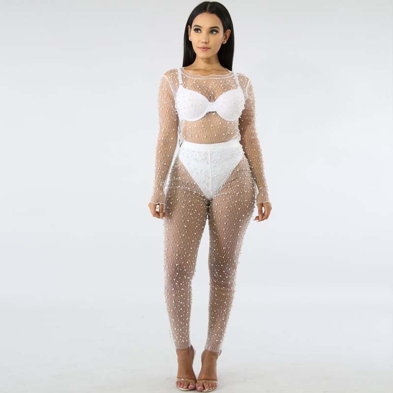 New Women Sexy Mesh Pearl Beading Two Piece Set Summer Outfits See Through Tops and High Waist Pants Suit Matching 2 Piece Set VNk8577