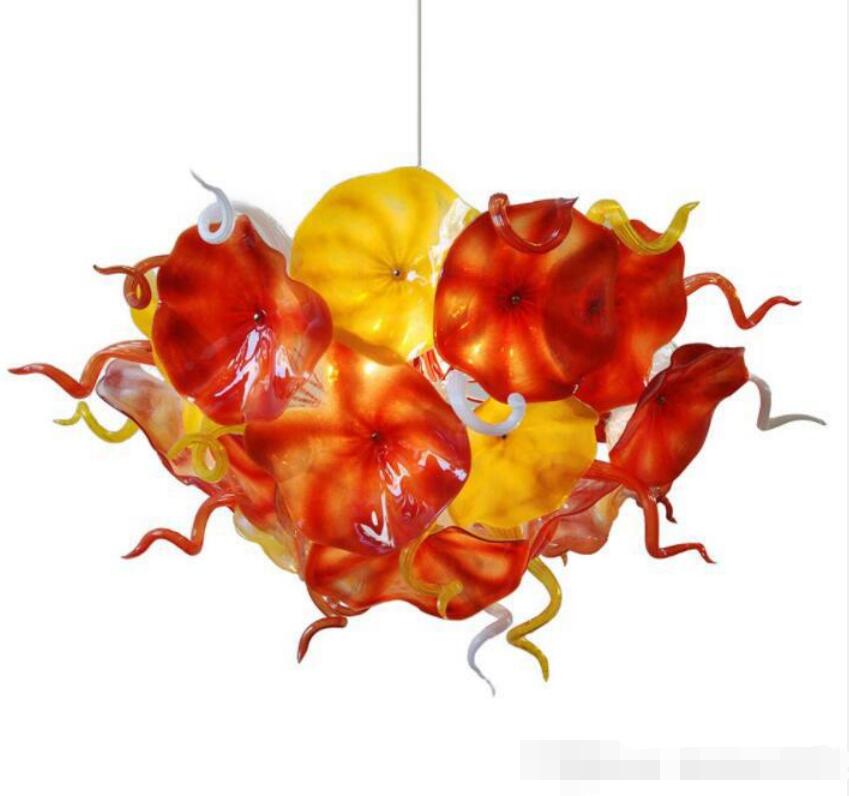 

Pendant Lamps Flower Plates Design Hand Blown Glass Chandelier Lighting Orange Yellow Color Chain LED Light Fixture Chandelie