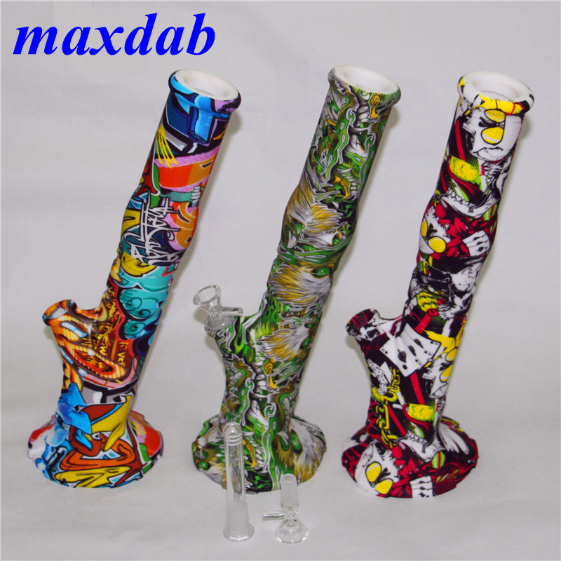 

Waterprinting Silicone Bongs Unbreakable Hookah Water Pipe With 14mm Joint Glass Oil Burner Bowl Set
