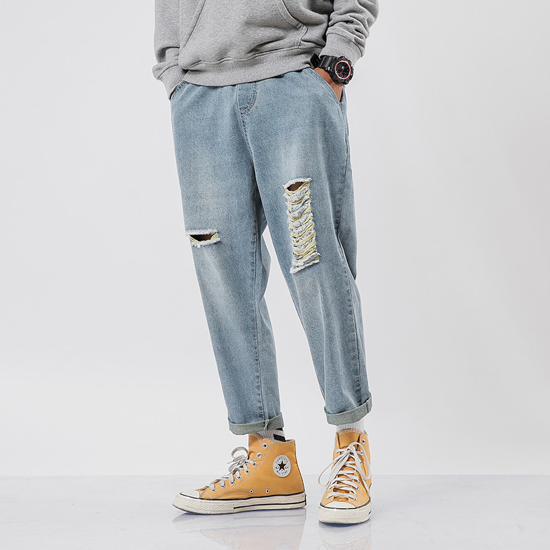 

2020 Spring Mens Japan Solid Denim Pants Male Jeans Uomo Erkek Kot Pantolon Men Streetwear Vintage Hole Jeans Ankle-Length Pants, Blue