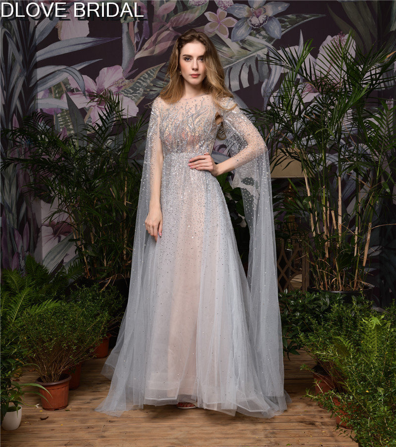 

Romantic Illusion Prom Dress with Long Sleeves Till Floor Crystal Beaded Special Occassion Evening Party Gown Factory Custom Made, Gray