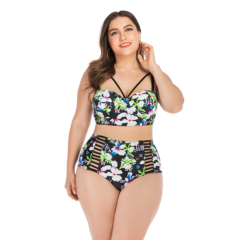 

New Big Breast Swimsuit Push Up Women Bathing suit Plus Size Sexy Floral Print Bikini Swimwear Beachwear Biquini Hollow Out 4XL, As the picture