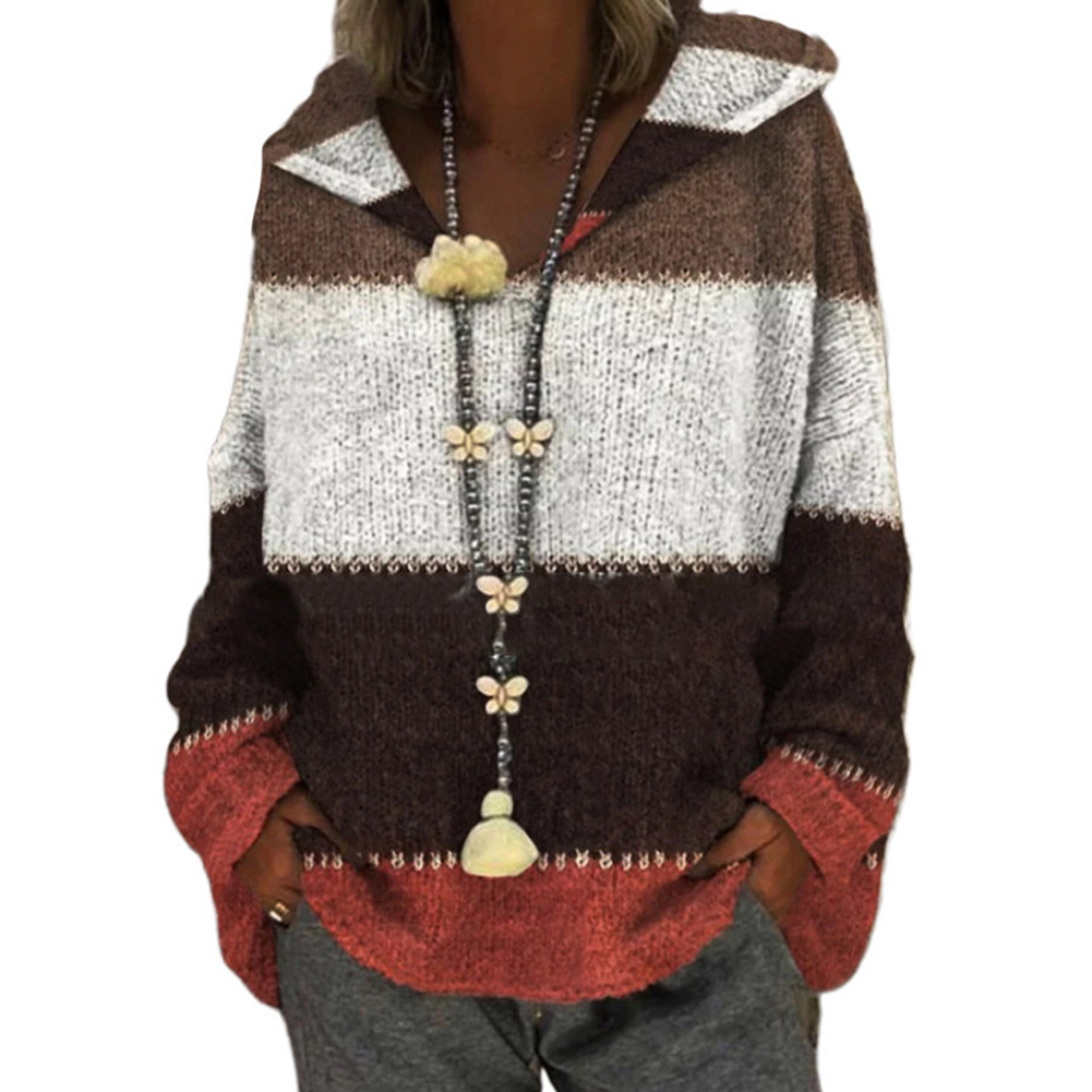

Pullover Color Block Patchwork Autumn Winter Long Sleeves Dating Casual Hooded Tops Fashion Loose Daily Women Knit Sweater, Blue