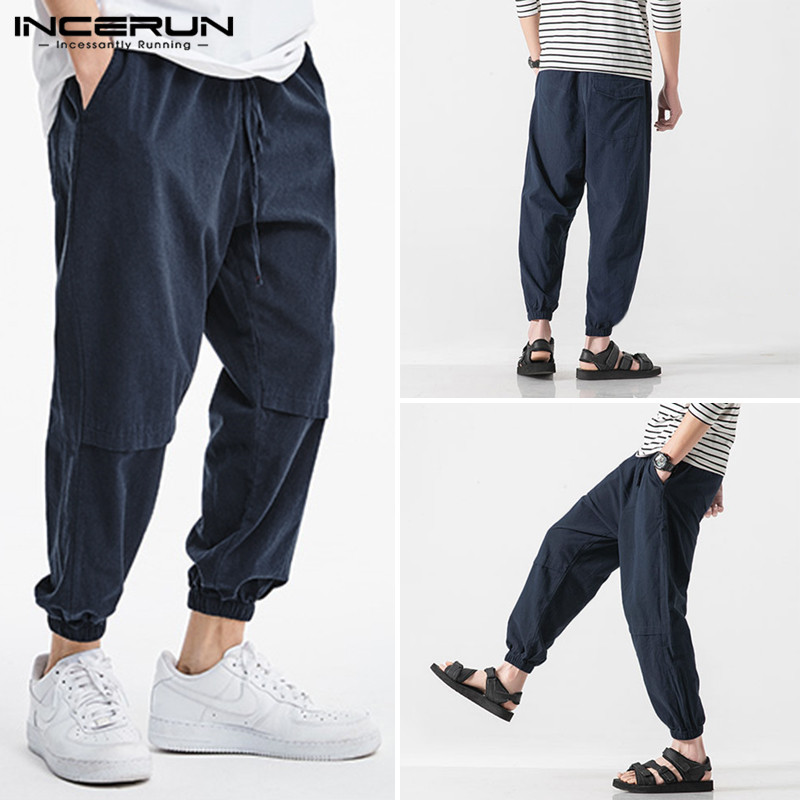 

INCERUN Men Harem Beam Feet Pants Fashion Drawstring Joggers Overalls Casual Solid Color Pocket Bottoms Male Sweatpants Trousers, Black