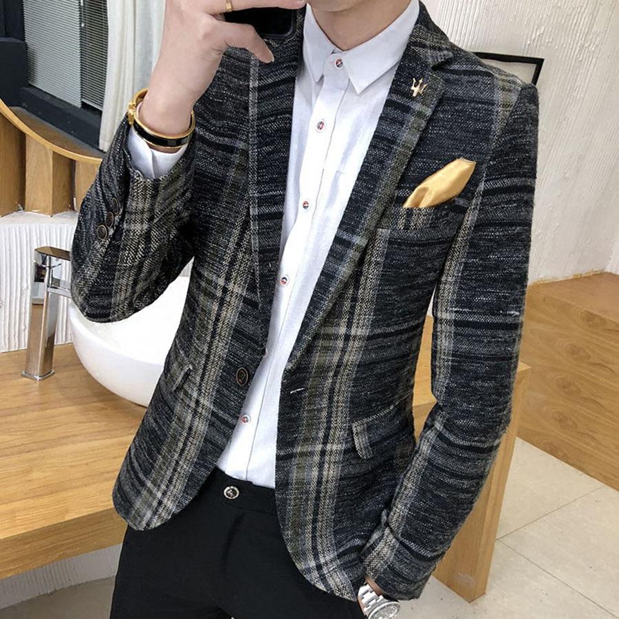 

Men Blazer Slim Fit Designs Korean Elegante Male Plaid Blazer Masculino Tweed Button Wedding Casual mens Jacket Suit, Khaki