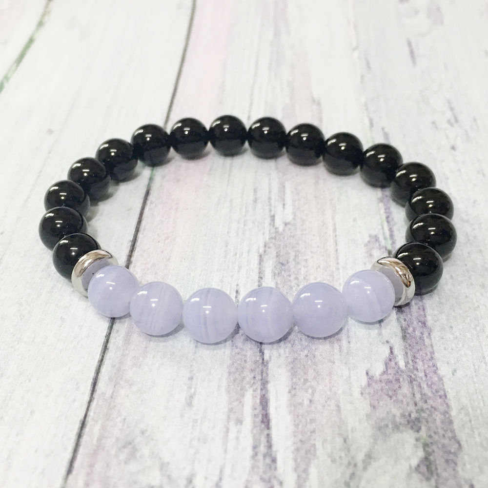 

MG0309 Natural Blue Lace Agate Bracelet Power Black Onyx Gemstone Bracelet Protection from Negative Energy Bracelet