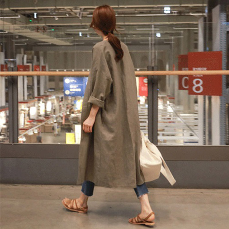 

Trench Coat 2019 Autumn Ladies Cotton Linen Long Coat Female Large Size Casual Loose Thin Over Knee Cardigan Women' Shirt, Khaki
