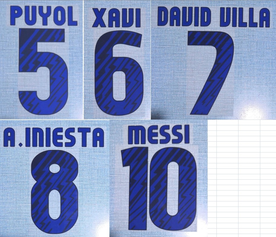 

2010-2011 away Xavi Messi A.Iniesta David Villa Puyol nameset patch badge