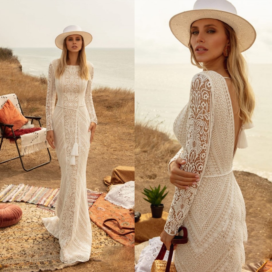 

Long Sleeve Mermaid Plus Size Wedding Dresses Hollow Back Sash Appliques Lace Bridal Gowns Sweep Train Robes De Mariée, Gold