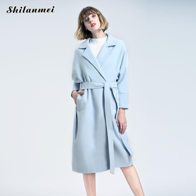 

2017 Winter Wool Long Cardigan Coat Women With Belt Sky Blue/Pink Open Stitch Cloak Thicken Ladies Jacket Coats fashion Manteau