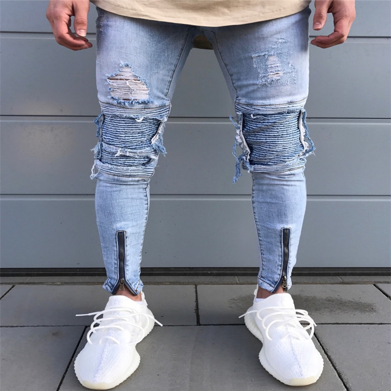 

Slim Fit Ripped Jeans Men Hi-Street Mens Distressed Denim Joggers Knee Holes Washed Destroyed Jeans Free Shipping, As pic