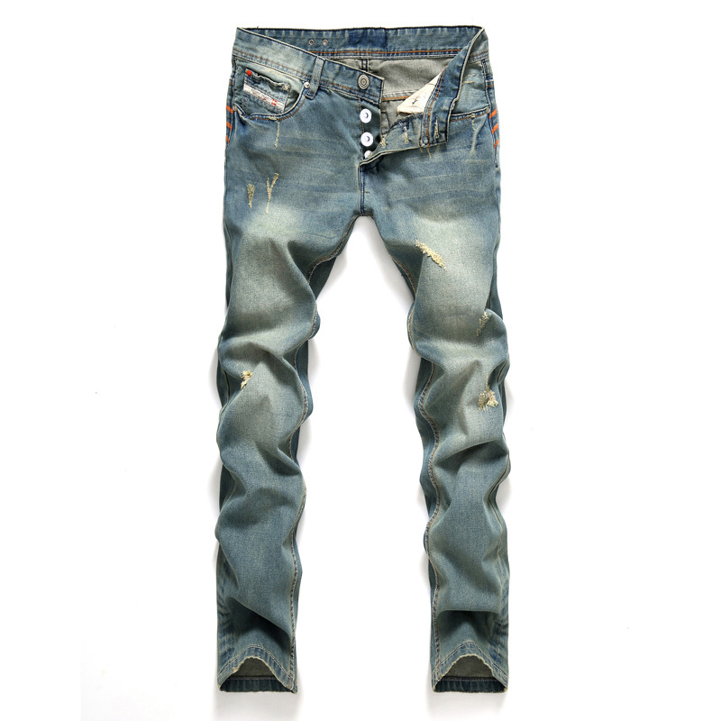 

Men trousers straight skinny worn-out distressed jeans long plus size new fashion ripped fashion pants for male, Blue