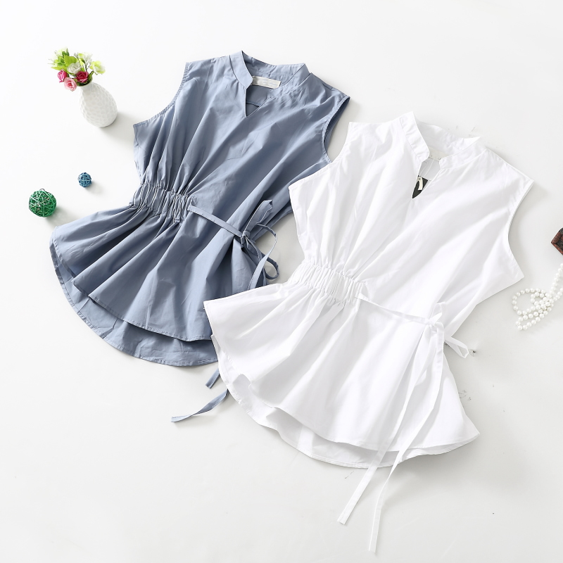 

Korean Style Stand Collar Sleeveless Slim Blouse Drawstring Waist Peplum Shirt Plus Size Elegant Summer Top Camisas Chemises, Blue