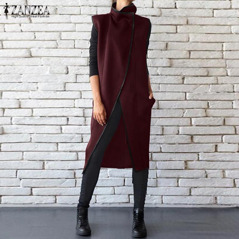 

Autumn Solid Vests Coat ZANZEA Fashion Open Front Cardigan Women Casual Sleeveless Long Jackets Outwear Femme Basic Waistcoats, Black