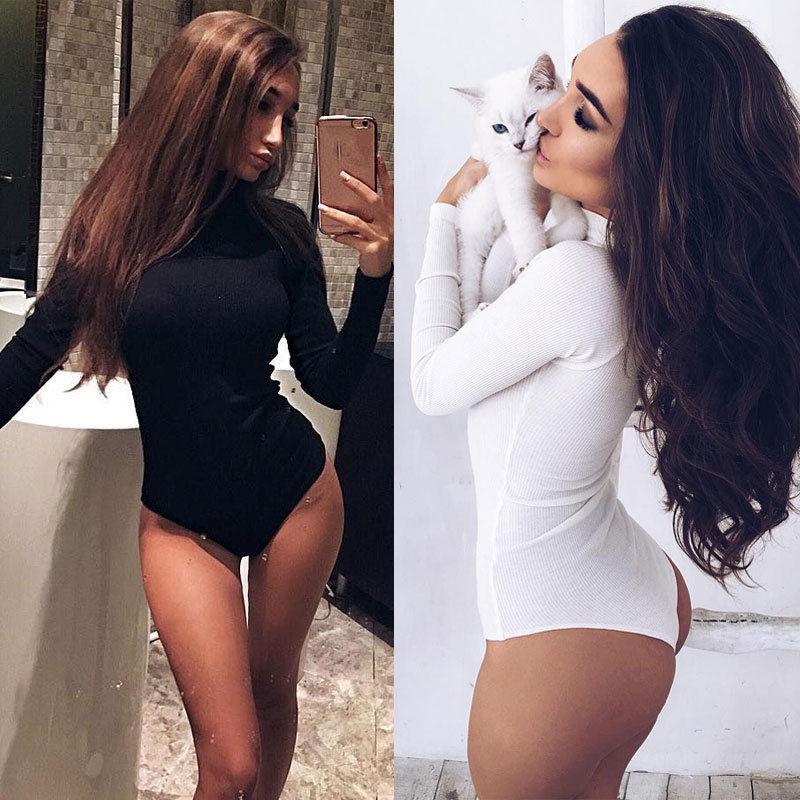 

Sought -After Women Lady Sexy Long Sleeve Shirt Jumpsuit Bodysuit Stretch Leotard Top, Black