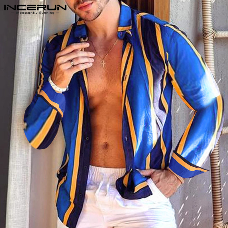 

INCERUN Casual Shirt Men Striped Long Sleeve 2019 Lapel Neck Streetwear Button Camisa Chic Fashion Brand Business Shirts Men 5XL, As picture