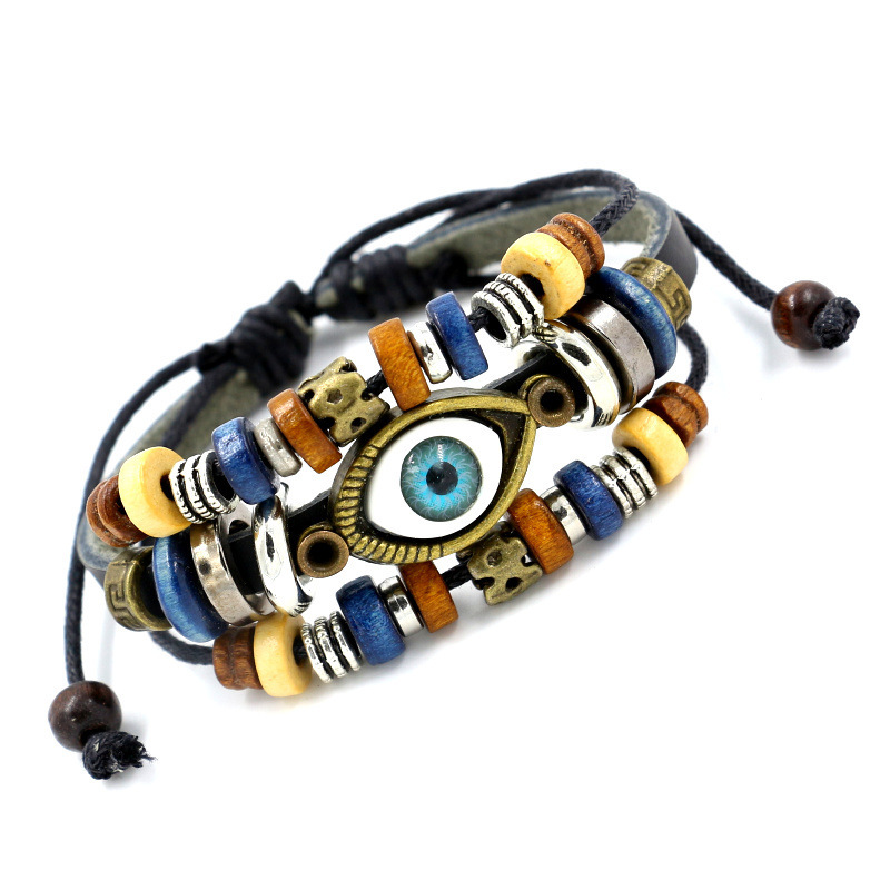 

Multilayer Bead Charm Bracelets Hand Made Turkish Evil Eye Bracelets Braided Adjustable Leather Fashion Vintage Men Jewelry for Women Girls