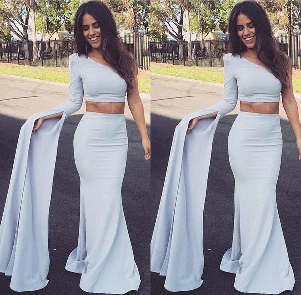 

Two Piece Mermaid Prom Dresses One Shoulder Single Long Sleeves Evening Gowns Formal Women Party Dresses, Light yellow