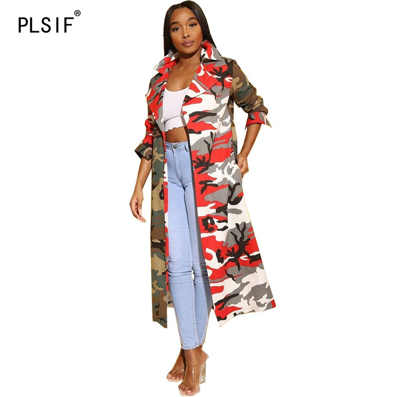 

Fashion style camouflage print high waist lace-up long lady trench sexy v-neck long sleeve spring autumn fashion casual trench, Multi