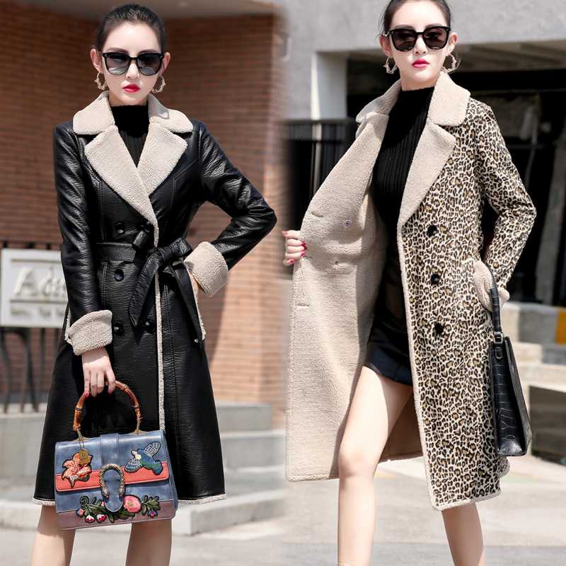 

NEW Leather fur women's long plus velvet padded lamb fur one coat 2019 new slim lamb and sheep leather maxi coat genuine, Black