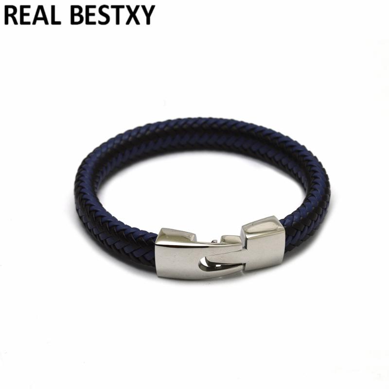 

5pcs/lot Punk Men Jewelry Black/BLUE Braided Leather Bracelet Stainless Steel HOOK Clasp Fashion Bangles LEATHER MEN BANDS