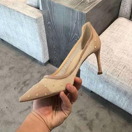 

The most popular fashion designer new women's mesh high-heeled shoes, sexy pointed leather ladies party wedding high-heeled shoes + box, Black