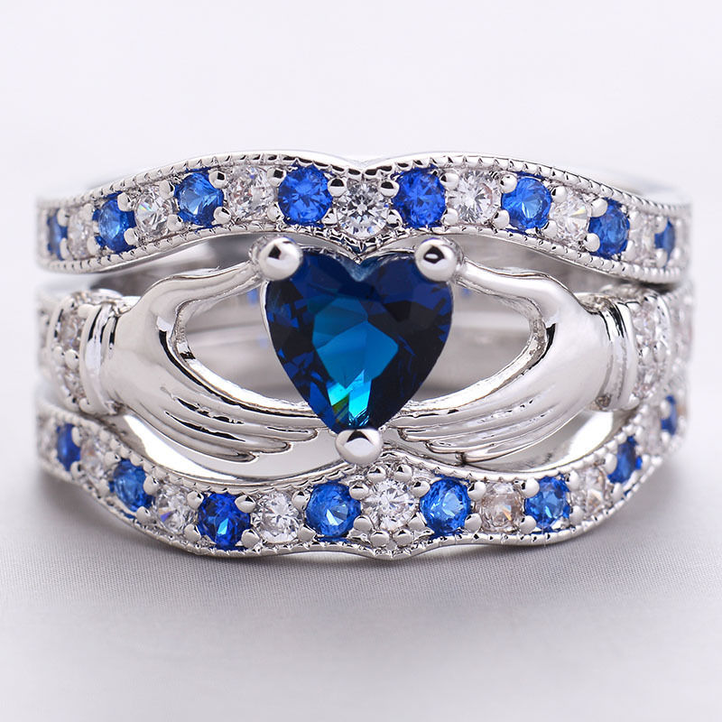 

Charm Heart Shaped Blue Crystal Zircon Ring Set Jewelry Three Layer Engagement Wedding Ring for Women US Size 5-12 anel feminino