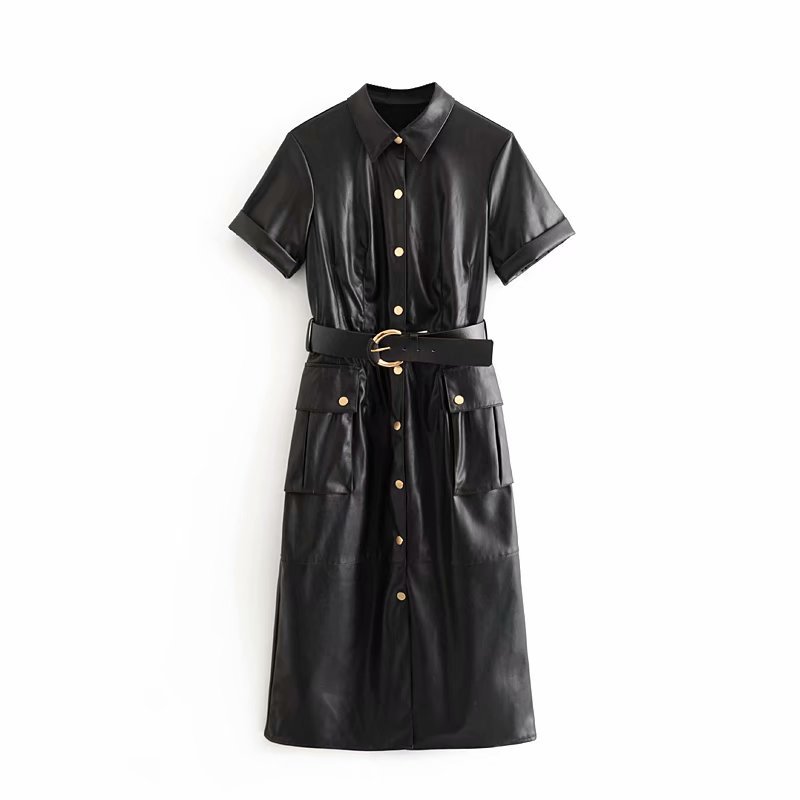 

Women PU Faux Leather Dress with Belt Solid Black Short Sleeve Retro Elegant Ladies Brown Mid Dress Vestido Beachwear