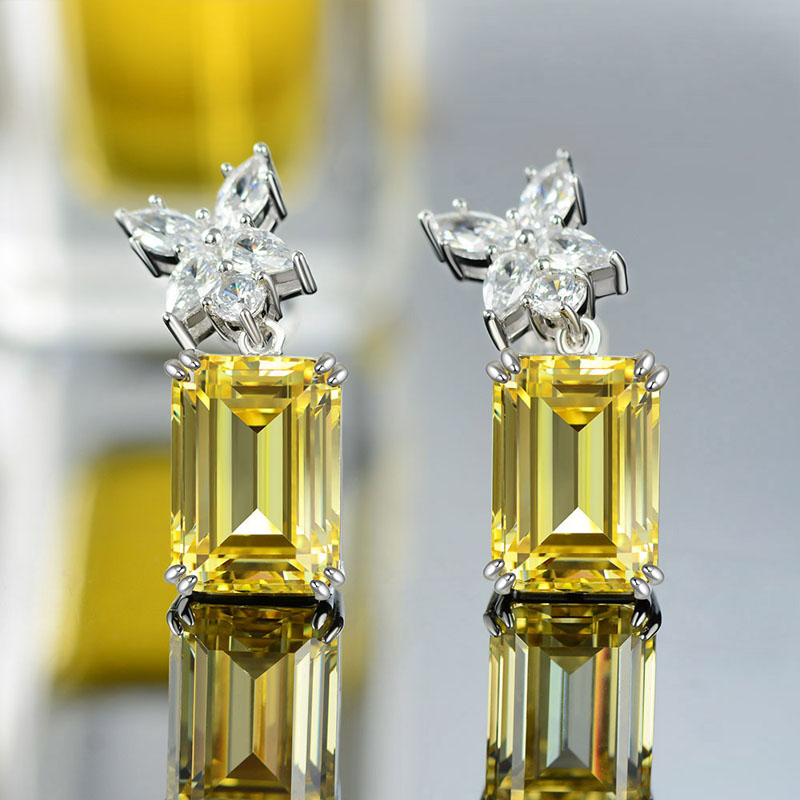 Luxury Sparking Yellow Zircon Stud Earrings for women High quality 925 Sterling Silver Sparking CZ Flower Earrings Wedding jewelry