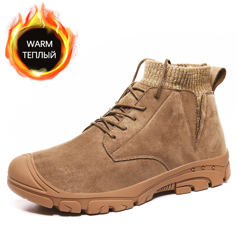 

Winter Warm Men Snow Boots High Quality Suede Leather Man Ankle Boots Light Plush Anti-Slip Platform Mens Fur Shoes, Sandy