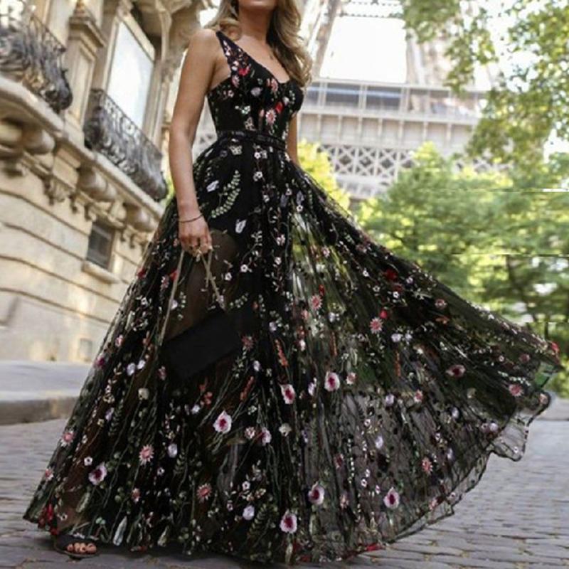 

Home&Nest Sexy V Neck Mesh Floral Embroidery Maxi Dress Women Autumn Backless Beach Dress Elegant Vintage Ladies Wrap Long