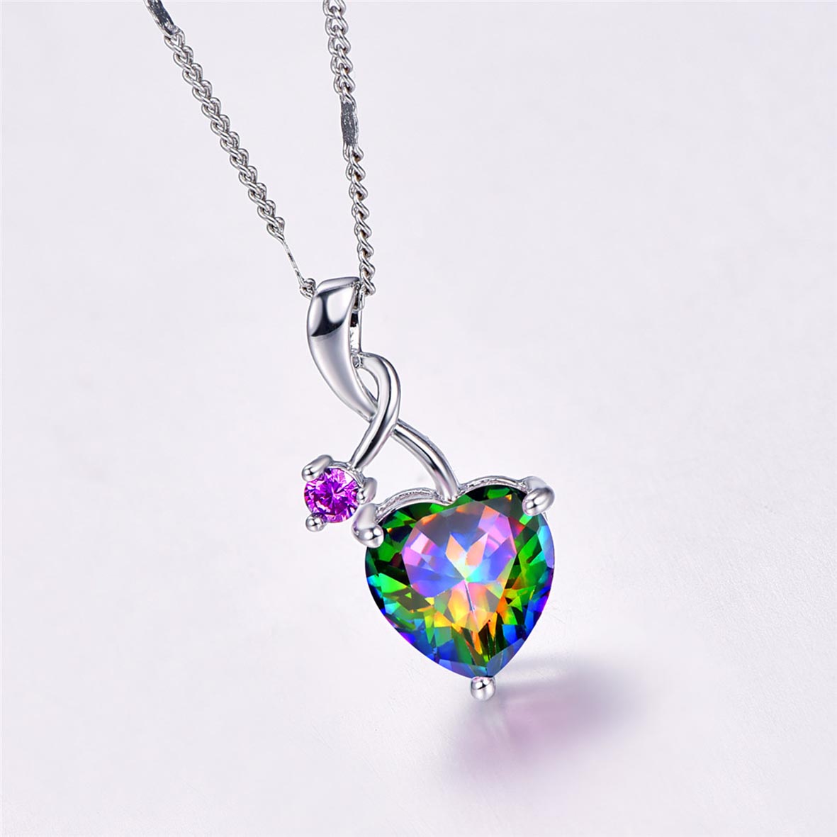 Beautiful 925 Silver Plated Rainbow Mystic Topaz Heart Pendant Necklace Womens Engagemant Wedding Party Gift Daily Wear Jewelry