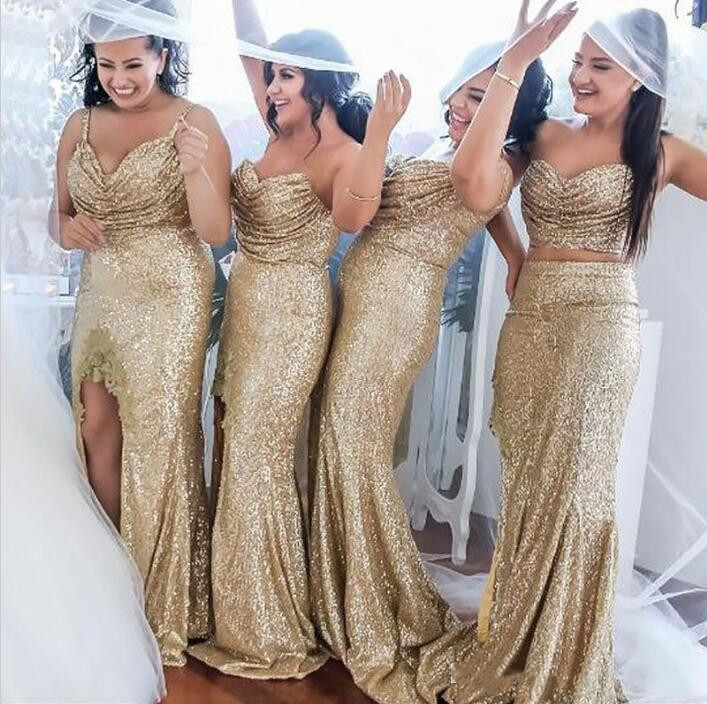 

2019 Champagne Sequin Bridesmaids Dresses Floor Length Spaghetti Strapless Maid Of Honor Dresses Side Split Wedding Guest Party Gowns Cheap