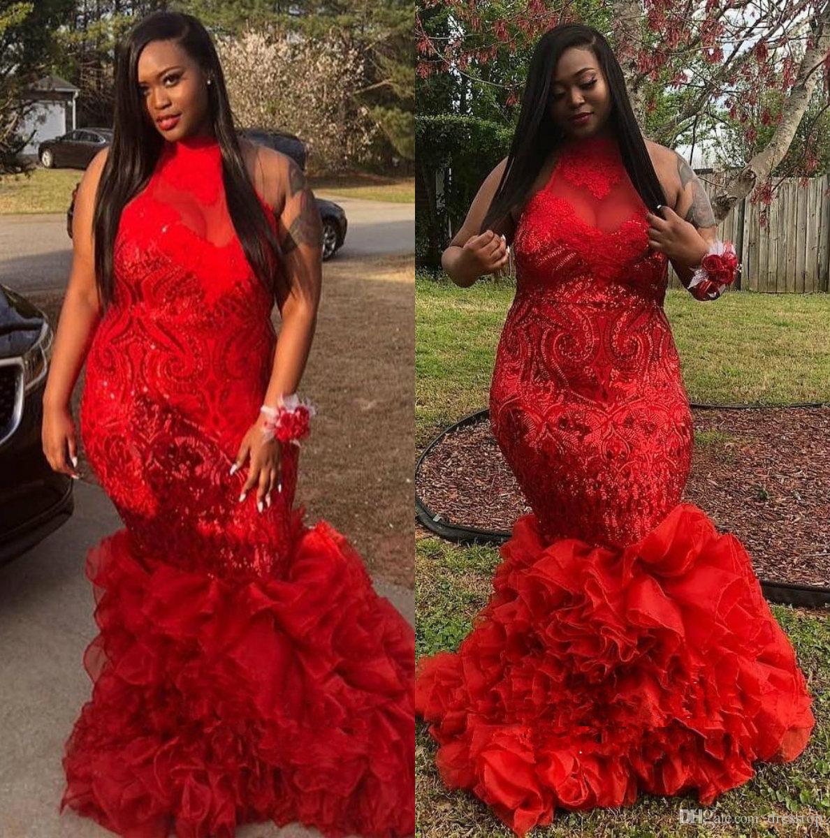 

Sexy Red Evening Gowns Long Sleeve Jewel Neck Sequined Formal Mermaid Prom Dresses 2019 Plus Size Abendkleid African Special Occasion Gowns, Water melon