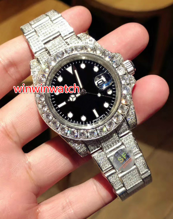 

Best Quality Full Big Diamond Watch Iced Out Watch Automatic 40MM Men Waterproof silver Stainless Steel 3 color Face Big diamond Bezel, Black face