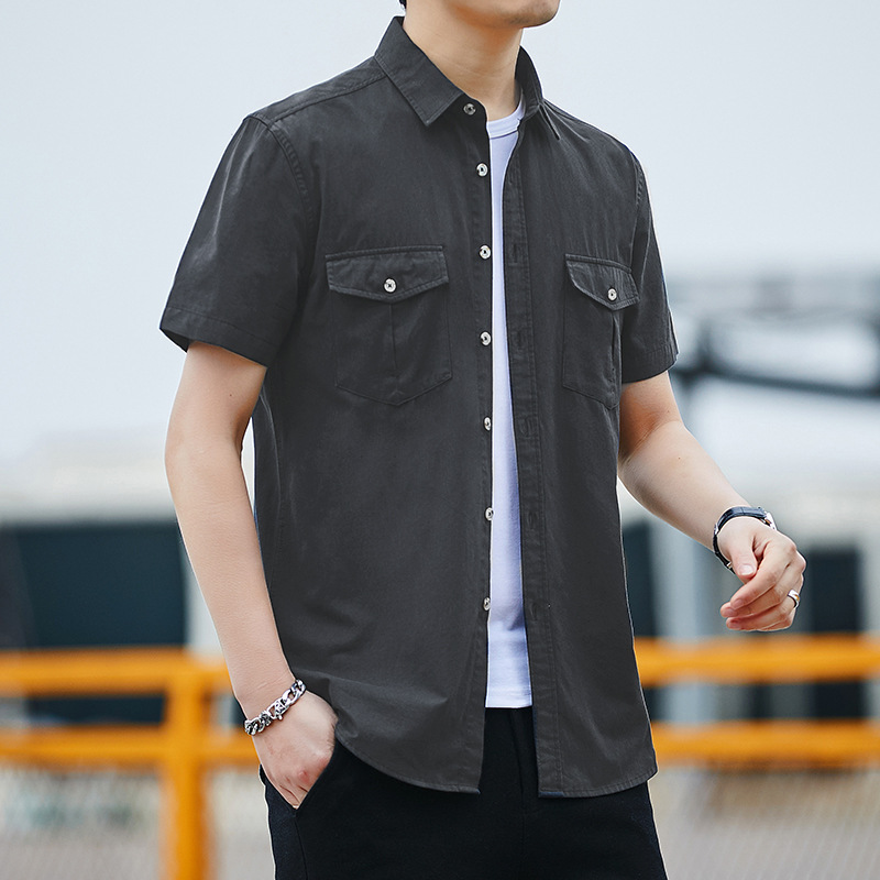 

Summer Men's Fashion Shirts Men Solid 100%Cotton Japan Style washing Shirt Men Casual Short Sleeve Dress Shirt Man Social Blouse, 0601-gray