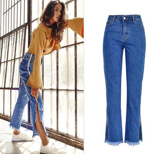 

Women High Waist Jeans Loose Flare Jeans Pants Both Side Zippers Edge Denim Pants Female Fashion Casual Trousers New D150, Blue