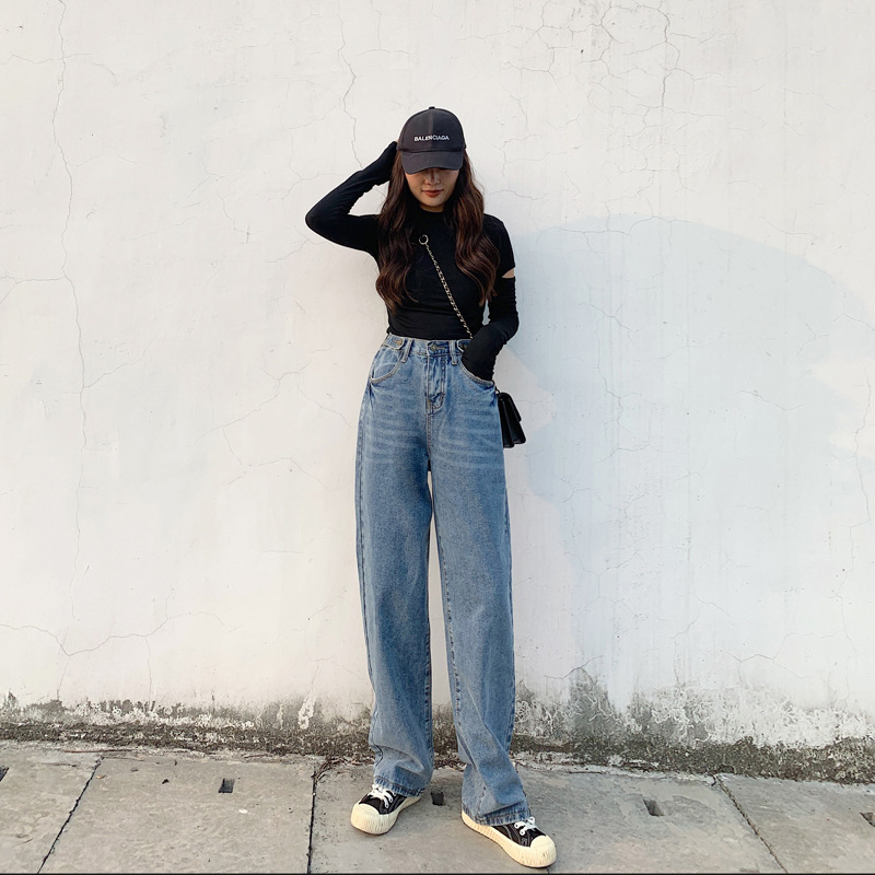 

High-Waisted Loose Drape Straight Jeans Female Spring and Autumn Hyun yf Thin Significantly Higher Mopping the Floor, Blue