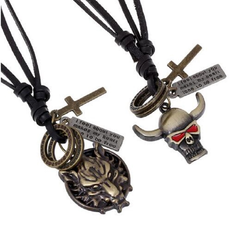 

Adjustable Long Leather Cord Vintage Charm Necklaces Mens Gothic Alloy Wolf Devil Head Cross Dog Tag Necklace Pendants