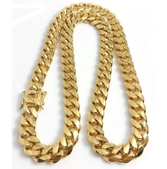 

Stainless Steel Jewelry 18K Gold Plated High Polished Miami Cuban Link Necklace Men Punk 14mm Curb Chain Dragon-Beard Clasp 24"/26"/28"/30"