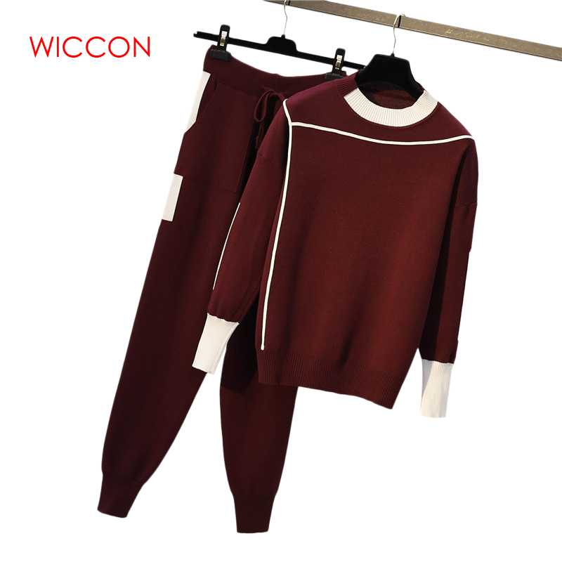 

2019 Women Knitted Sweaters Pants 2pcs Track Suits Women Casual Knitted Trousers+Jumper Tops Clothing Sets Vestidos Female Wear, Black
