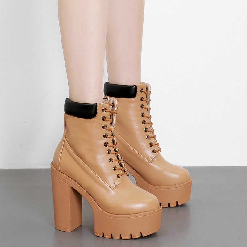 

2020 Women Lace-up Style Ankle Boots High Heels Shoes Quality Leather Waterproof Platform Short Snow Boots Sapatos Mulher, Brown