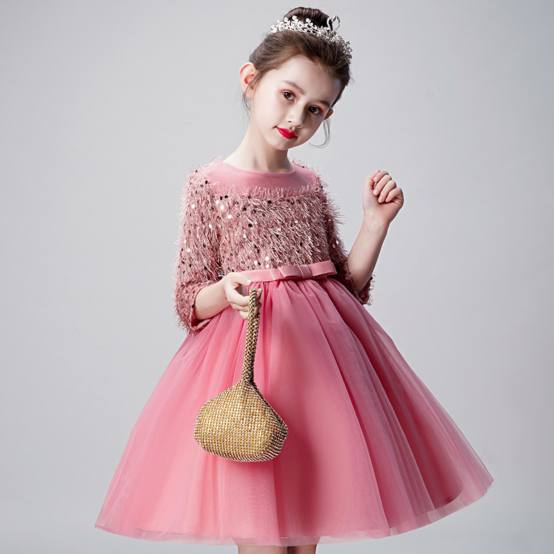 

Tick Tok New Flower Children's Dress Girl's Birthday Princess Dress Host Show Pompous Yarn Children's Piano Performance Clothes, Beige