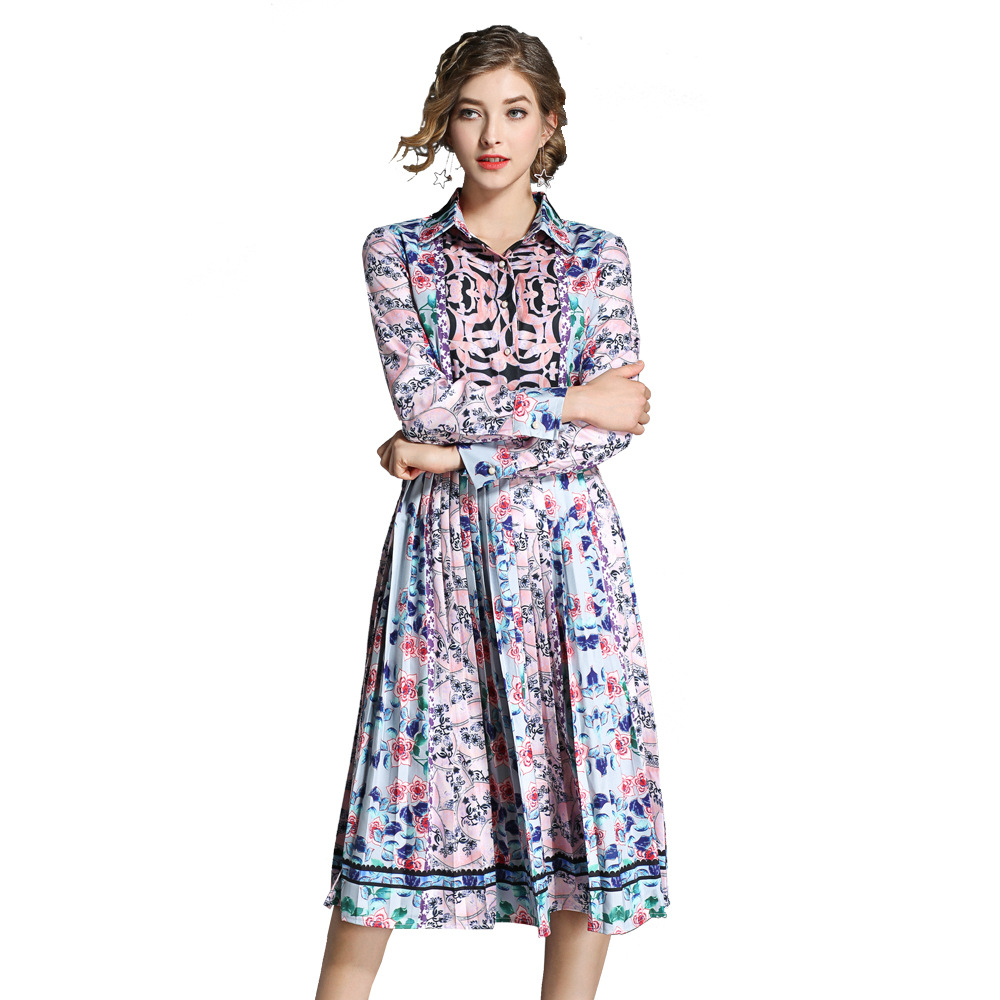 

Latest Women's Floral Print Long Sleeve Collar Lapel Neck Pleated Dresses Summer Office Casual Lady Slim A-Line Plus Size Dress, Multi