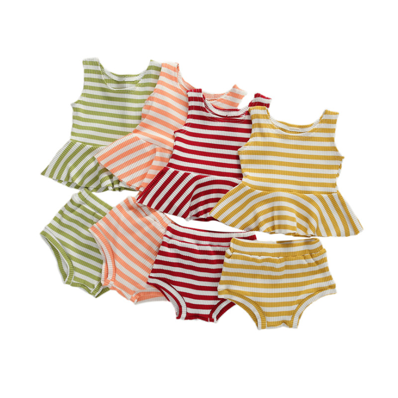 

Summer Baby Girl Clothes Sets Toddler Striped 2Pcs Sleeveless Ruffled Vest+Shorts Newborn Baby Girl Cotton Outfits 0-24M, Green