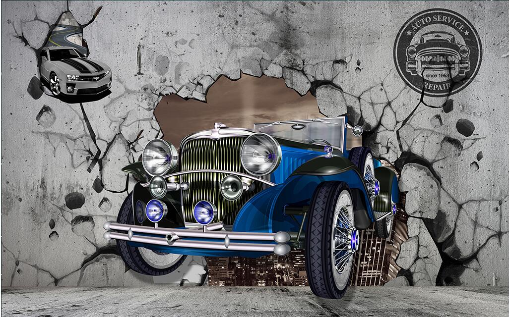 

WDBH 3d wallpaper custom photo Retro blue car broken wall tv background living room home decor 3d wall muals wall paper for walls 3 d, Non-woven