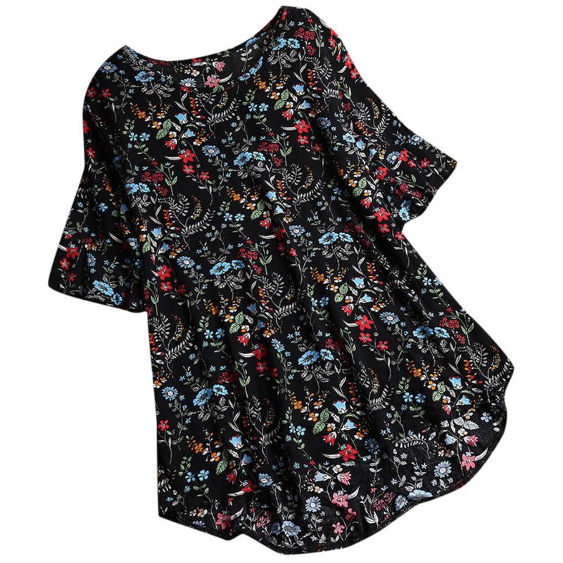 

T Shirt Women Casual Plus Size Loose Linen Sleeve T-shirt Summe Print Button Tanic Shirt tops mujer verano, Black