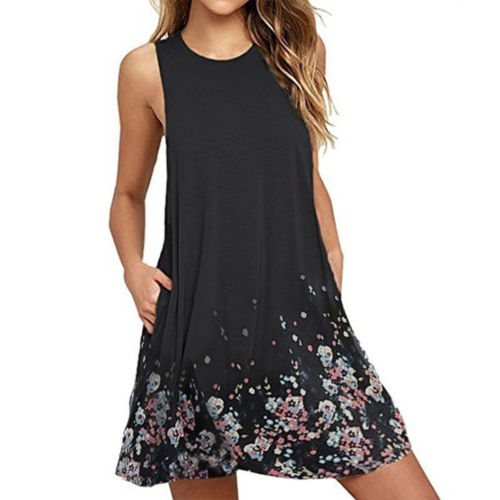

Fashion 2020 New Womens Sleeveless Vest Black Round Neck Dresses Floral Print Dress Casual Sundress, Red